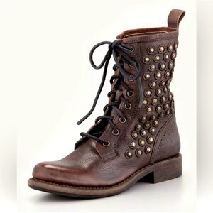 Brown lace up Frye studded moto boots